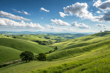Obraz premium Scenic Rolling Green Hills Under Blue Sky.