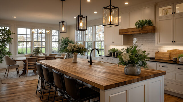 Modern kitchen with a sleek, sophisticated design, featuring an inviting island, warm wooden accents, and ample natural light