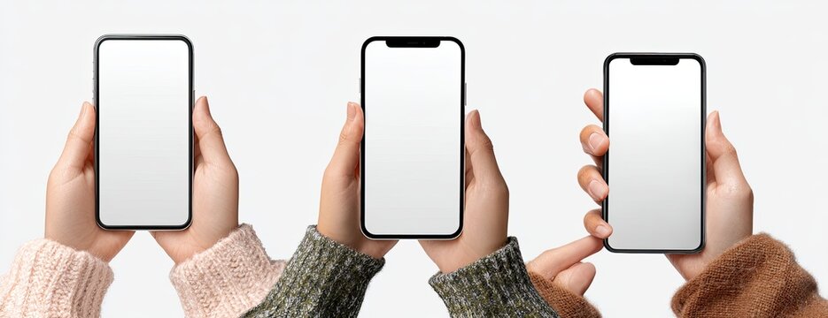Four hands hold smartphones, blank screens