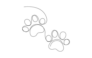 One line drawing of a dog paw print in minimalist vector outline style, Dog and cat paw continuous one line art drawing of pet footprint outline
