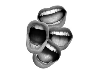 Contemporary art collage featuring screaming mouths. Communication concept, public opinion, public speaking, society, media. Message. Social media announcing