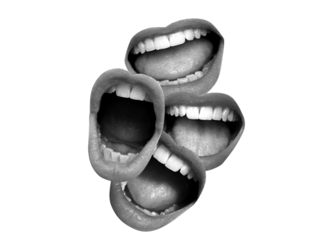 Contemporary art collage featuring screaming mouths. Communication concept, public opinion, public speaking, society, media. Message. Social media announcing