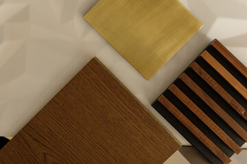 High-resolution image of wood, brass, and paneling samples. Perfect for design and architecture.