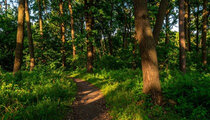 Fototapeta premium A serene forest path surrounded by lush greenery and tall trees, inviting exploration and connection with nature.