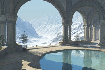 Stone colonnade overlooking a snowy mountain valley