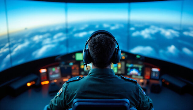 Immersive flight simulator with pilot in cockpit surrounded by digital sky.