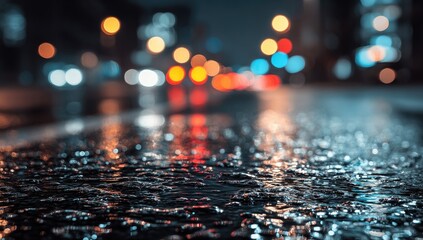 Wet city street at night.  Bokeh lights