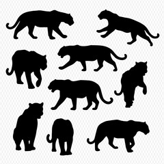 A collection of nine black silhouettes of a large feline, like a tiger or panther, in various dynamic poses.
