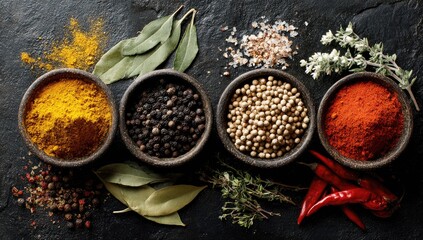 Colorful spices in small bowls on dark stone