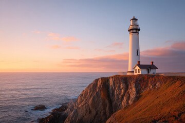 Lighthouse stands majestically on cliff, illuminated by warm sun