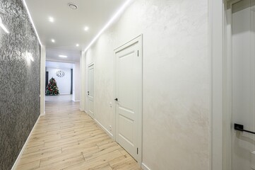 Bright hallway with neutral tones.  A Christmas tree is visible at the end. White doors line one wall, textured wall on the other