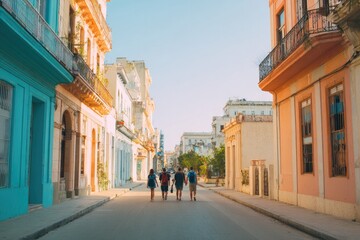 Naklejka premium Vibrant street scene showcasing colorful buildings and people wa