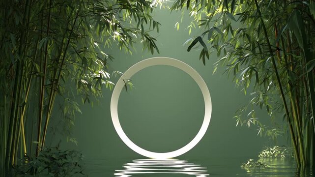 Mystical Circular Gateway Amidst Bamboo Forest and Water