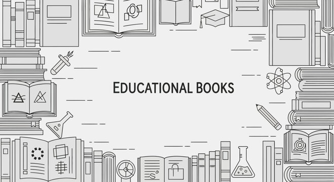 Line art illustration showcasing educational books and learning related objects perfect for