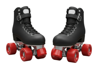 Classic black roller skates with red wheels. Cut out PNG