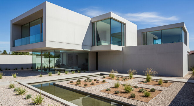 Modern house with clean architecture, sharp details, bright daylight, natural materials, large windows, and open surroundings in realistic setting.