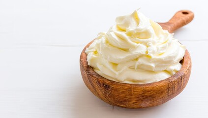 Creamy whipped topping in a wooden bowl on a white surface