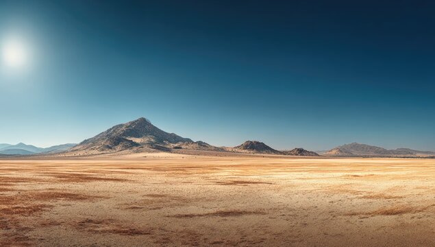 Vast desert landscape under a bright sun.  A flat, ochre-toned plain stretches to a distant mountain range, highlighted by a sharp peak.  Clear blue sky