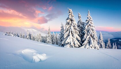 Obraz premium A serene winter landscape featuring snow-covered trees and a vibrant sunset sky.