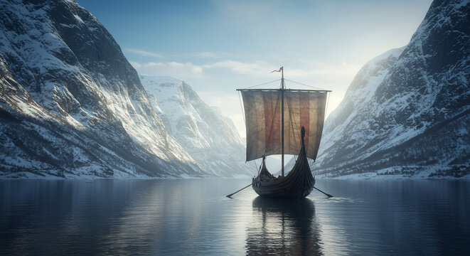 Viking ship sails on calm water surrounded by snow covered mountains under a bright sky scenery