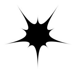 Black filled star burst explosion shape with sharp pointed rays on white background, bold graphic design element for comic and impact visuals