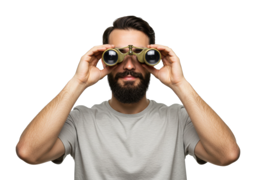 Caucasian young male with beard looking through vintage binoculars. Cut out PNG