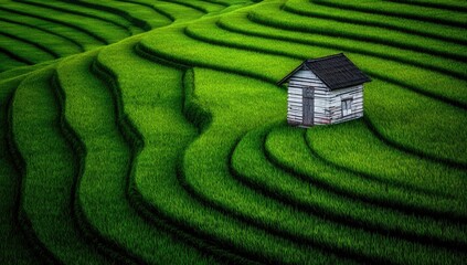 Small white house nestled in terraced rice paddies