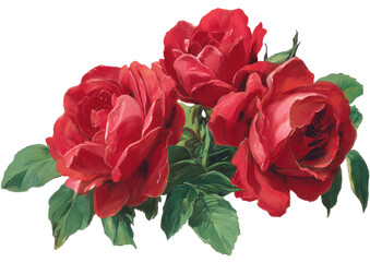 Three vibrant crimson roses cluster, detailed botanical illustration. Lush green leaves frame the blooms