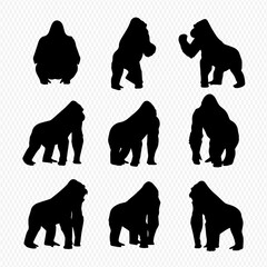 A set of nine black gorilla silhouettes in various dynamic poses, including standing, walking, and sitting. © Adji