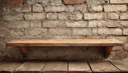 Rustic wooden shelf against a brick wall (3)