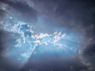 Sun Rays Breaking Through Dramatic Storm Clouds &ndash; Atmospheric Sky Scene
