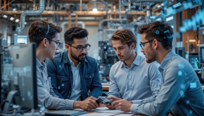 Group of engineers collaborating on project in modern industrial setting