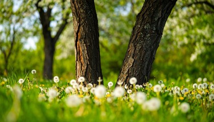 Fototapeta premium A serene scene featuring dandelions blooming in a grassy area beneath two trees, capturing a tranquil moment in nature.