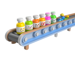 Colorful Bottles on Conveyor Belt 3D Illustration
