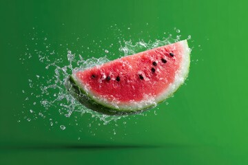 A vibrant red watermelon slice, suspended mid-air against a solid green backdrop, is dramatically surrounded by a burst of water droplets
