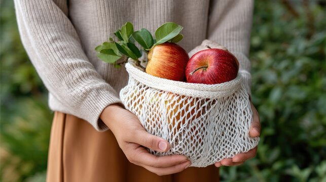 Fashionable woman holds a basket of apples while wearing a knitted sweater and a fitted skirt on a sunny day outdoors - Powered by Adobe