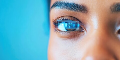 Close-up of hispanic female's eye with futuristic digital interface overlay