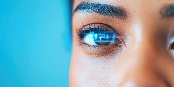 Close-up of hispanic female's eye with futuristic digital interface overlay