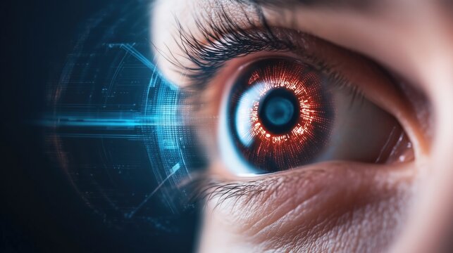 Close-up of human eye with futuristic digital interface - Powered by Adobe