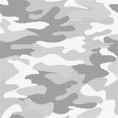 Fototapeta premium Abstract halftone seamless camouflage pattern. Repeating digital dotted hexagonal camo military texture background. Abstract modern fabric textile ornament. Vector illustration.