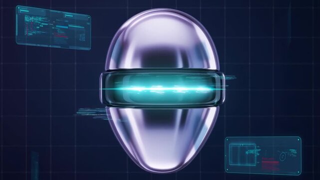 Futuristic robotic head with glowing visor and digital interface  