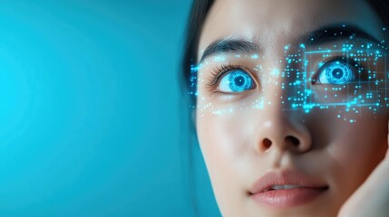 Female asian young adult experiencing futuristic augmented reality technology