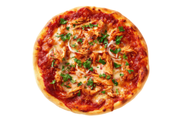 Round pizza topped with shredded chicken, red sauce, melted cheese, and green garnish