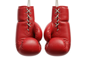 Red leather boxing gloves with laces. Cut out PNG