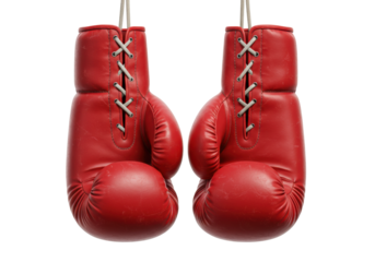 Red leather boxing gloves with laces. Cut out PNG