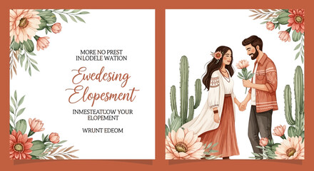 Watercolor Illustration of a Boho Wedding Invitation Featuring a Couple and Floral Design