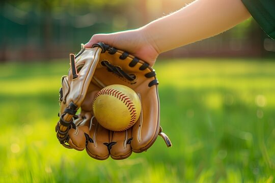 Faceless child wearing baseball glove and holding ball, green grass background, sunny outdoor vibe, youth sports theme. - Powered by Adobe