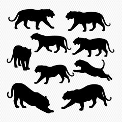 A collection of black tiger silhouettes in various dynamic poses, including walking, stalking, and stretching.