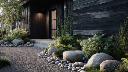Rustic modern home exterior with landscaping