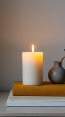 Burning candle with vase and book for cozy atmosphere